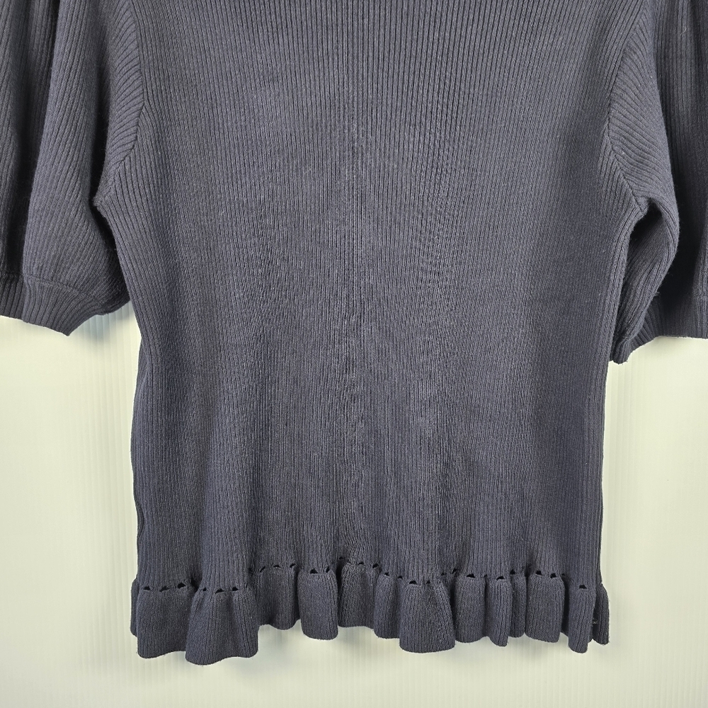 Voy Womens Navy Ribbed Short Puff Sleeve Sweater With White Bows Ruffle Size L - Picture 12 of 13